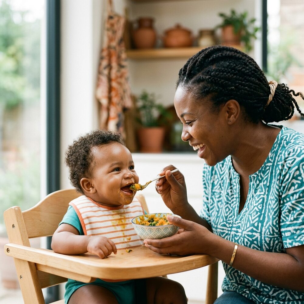 Mother gently introducing pureed complementary foods with a soft spoon to her 6-month-old infant